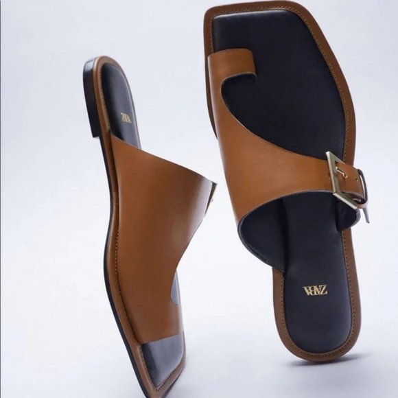 NWT ZARA Asymmetric Flat Genuine Leather Sandals With Buckler - Picture 4 of 7